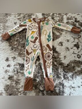 Little Sleepies Cowboy Print Footed One-Piece Pajamas - Cream, Brown & Green
